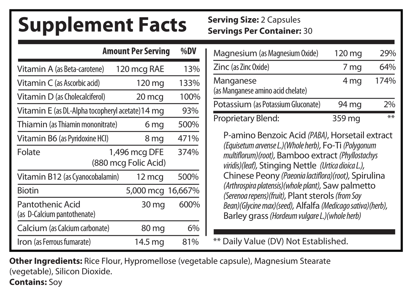 Hair, Skin & Nails Supplement Facts panel