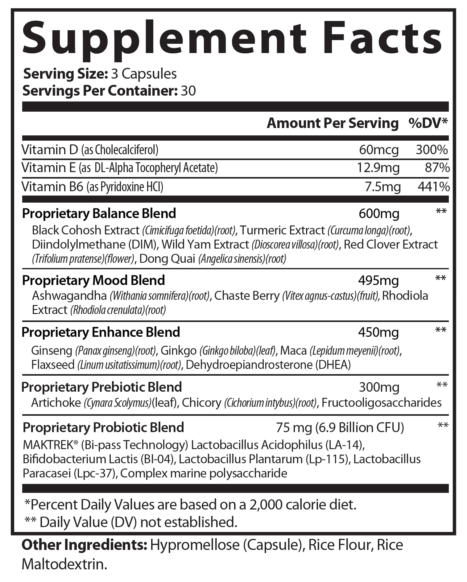 Menopause Support Supplement Facts panel