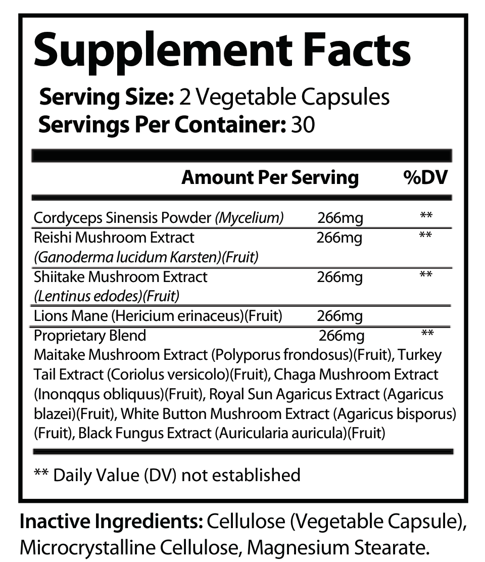 10-Mushroom Complex Supplement Facts panel